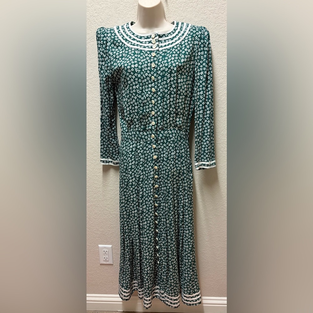 Vintage Green Floral Button-Down Dress Prairie Style 80s
